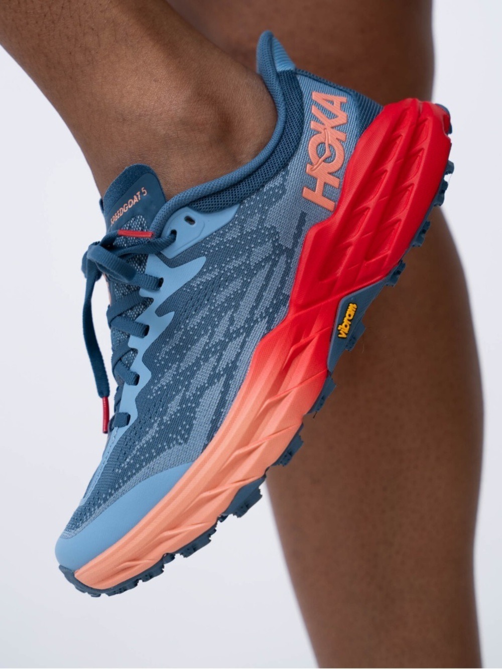 HOKA SPEEDGOAT 5 Trail Running Shoes blue mesh upper red orange sole size 7.5B